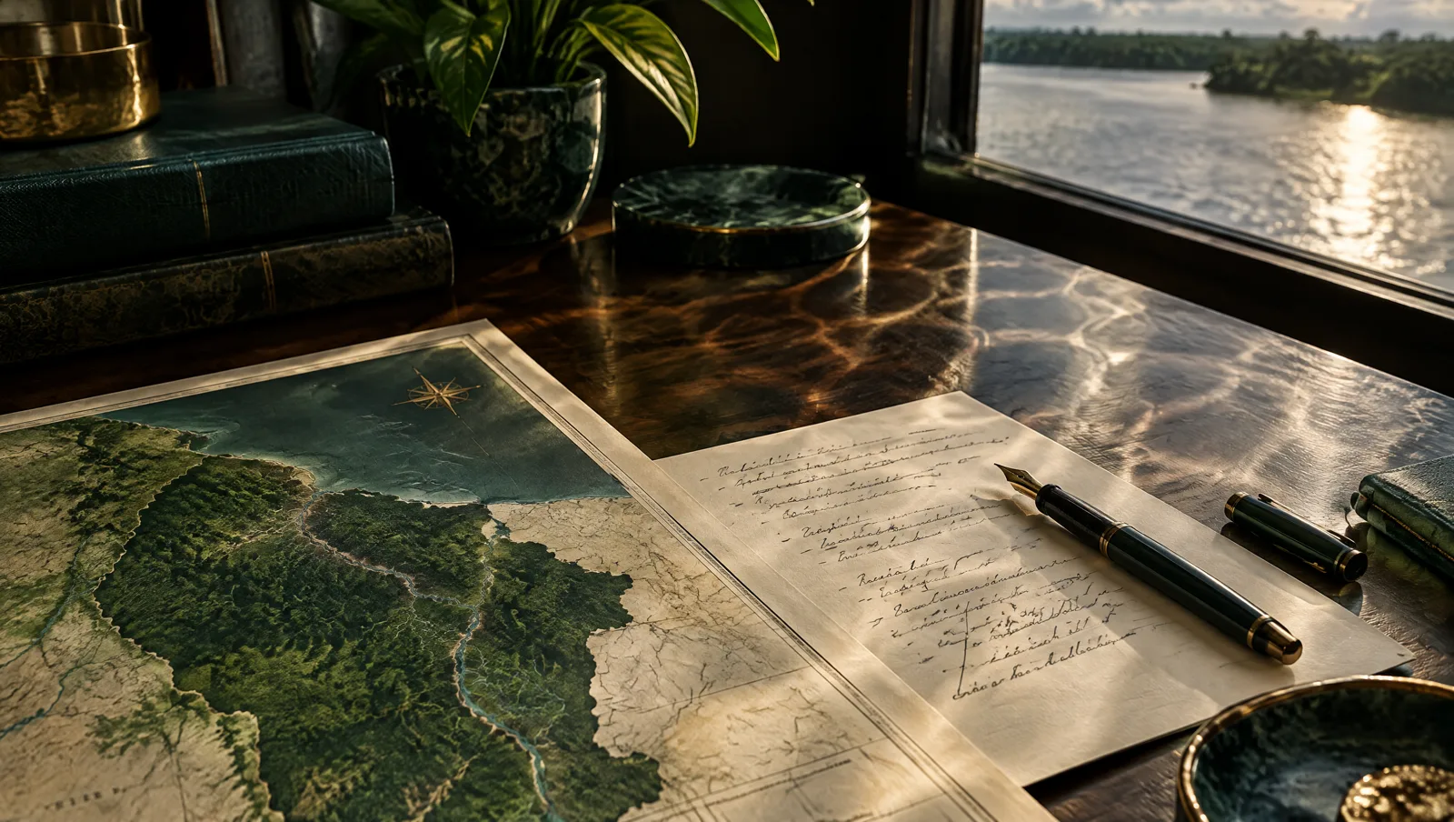 Strategic papers and a map of Guyana lit by reflected river light