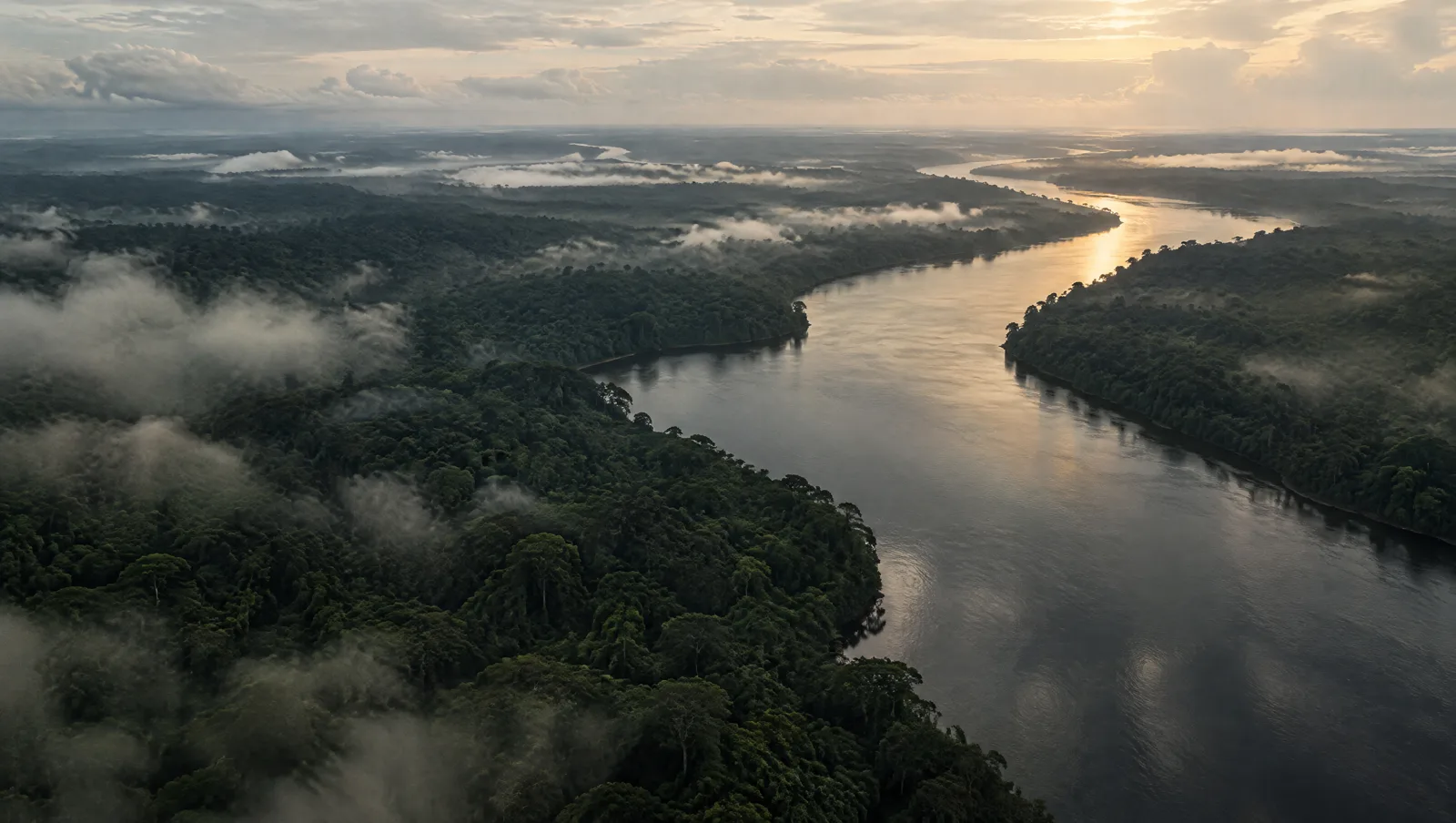 A broad Guyanese river winding through forest at dawn